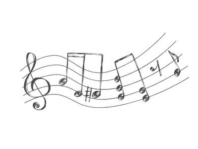 Stylized musical notes and symbols on a dark background.