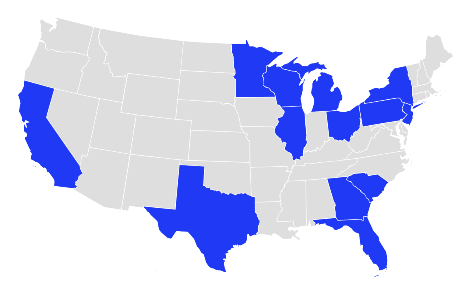 Map of the United States with certain states highlighted in blue, including California, Nevada, Montana, North Dakota, Wisconsin, Illinois, Indiana, Ohio, West Virginia, Pennsylvania, New York, New Jersey, Connecticut, Rhode Island, Massachusetts, Maine, Minnesota, Michigan, Nebraska, Kansas, Oklahoma, Texas, Louisiana, Mississippi, Alabama, Georgia, South Carolina, Florida, Arizona, New Mexico, and Colorado.