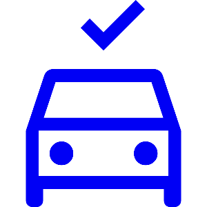 Blue checkmark above a simplified blue front view of a car.