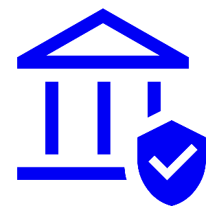 Icon of a building with columns, representing a government or official institution, with a shield featuring a checkmark in front of it.
