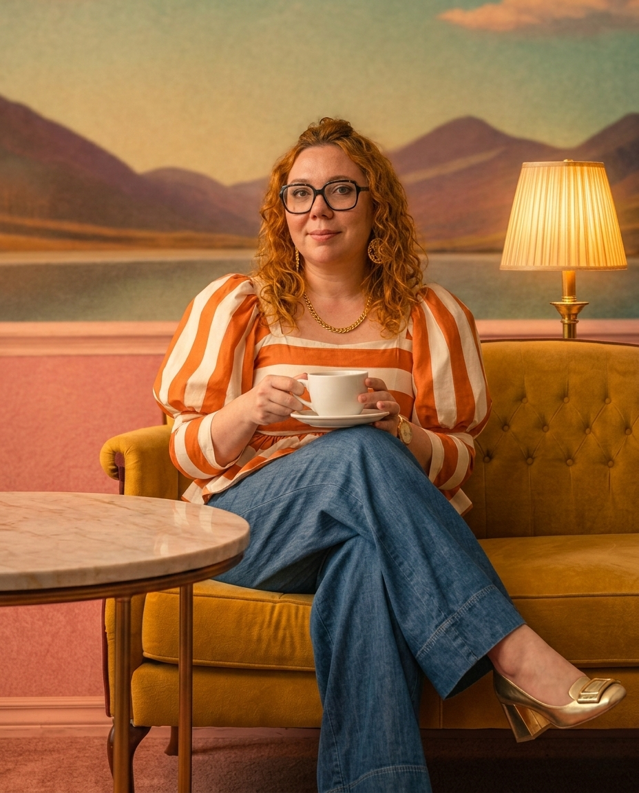 Virginie Barba, consultante funéraire à Béthune, souriante dans un intérieur rétro aux tons orangés