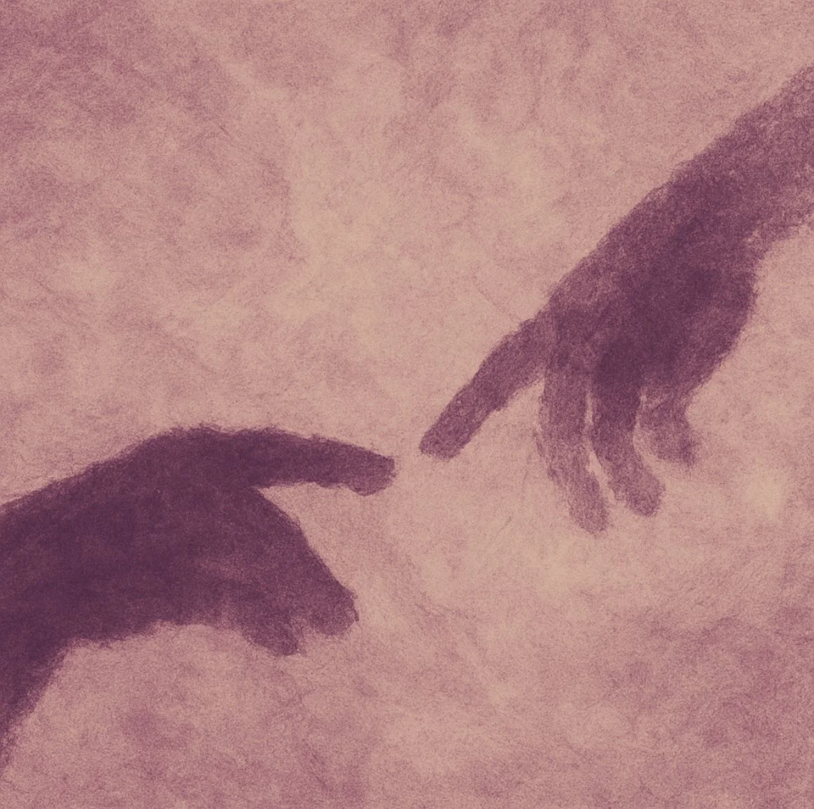 Close-up image of two hands reaching towards each other against a pink textured background.