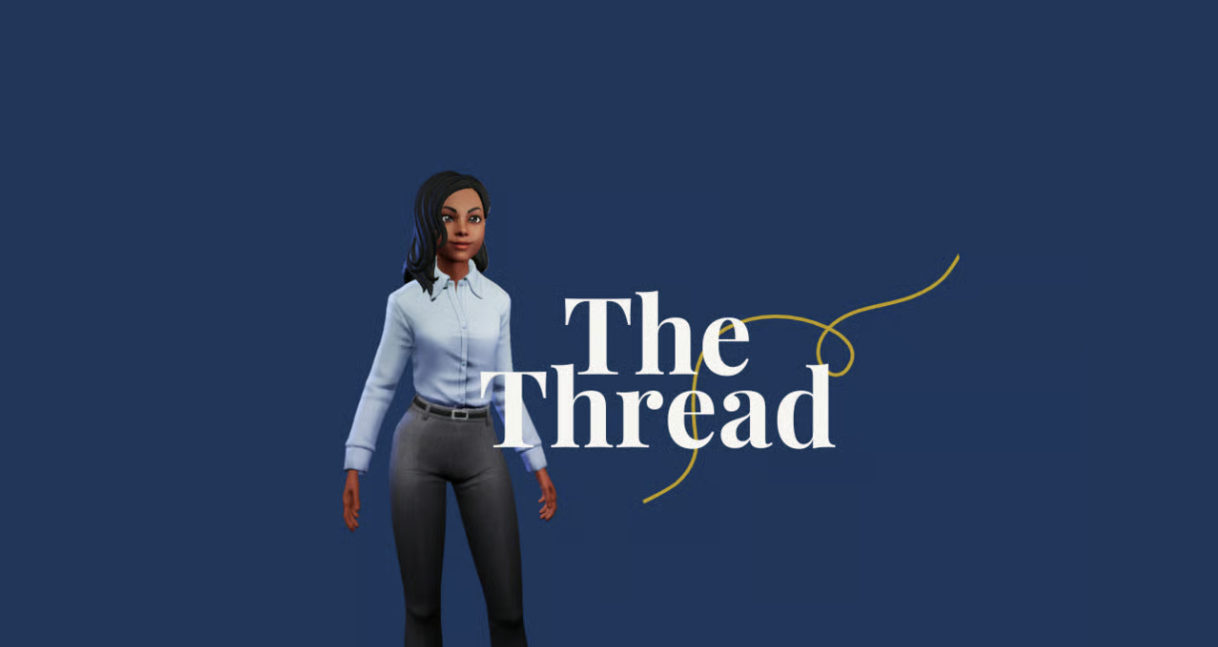A digital illustration of a woman in a light blue shirt and gray pants standing in front of a solid dark blue background with the words "The Thread" and a yellow thread graphic.