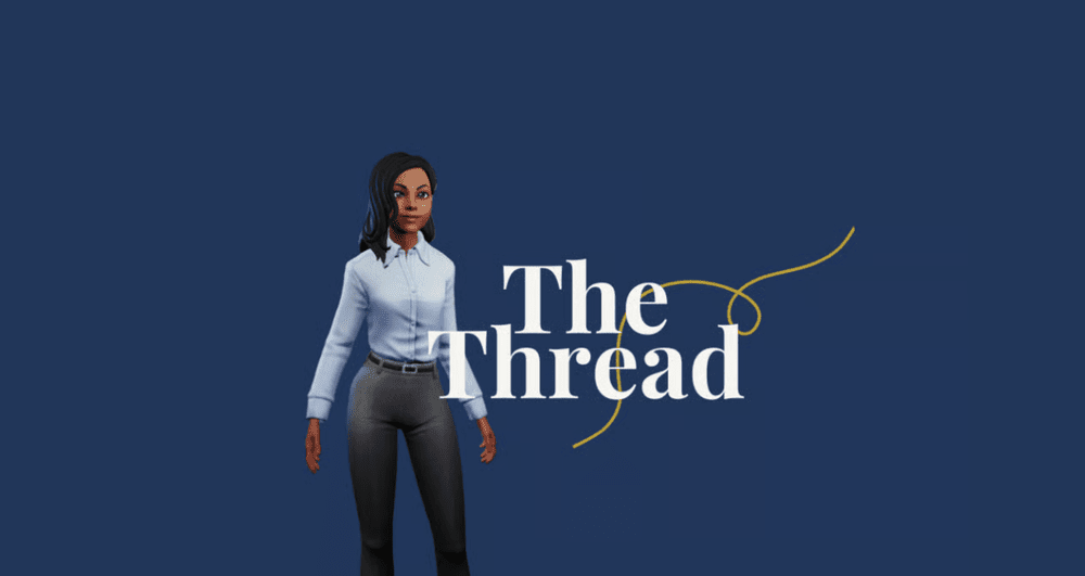 Cover art for The Thread: an illustration of a woman in a light blue shirt and gray pants on a dark blue background, with the newsletter’s name and a yellow thread