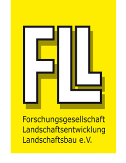 Gelbes Plakat mit großem Schriftzug 'FLL' und darunter die Wörter 'Forschungsgesellschaft Landschaftsentwicklung Landschaftsbau e.V.'