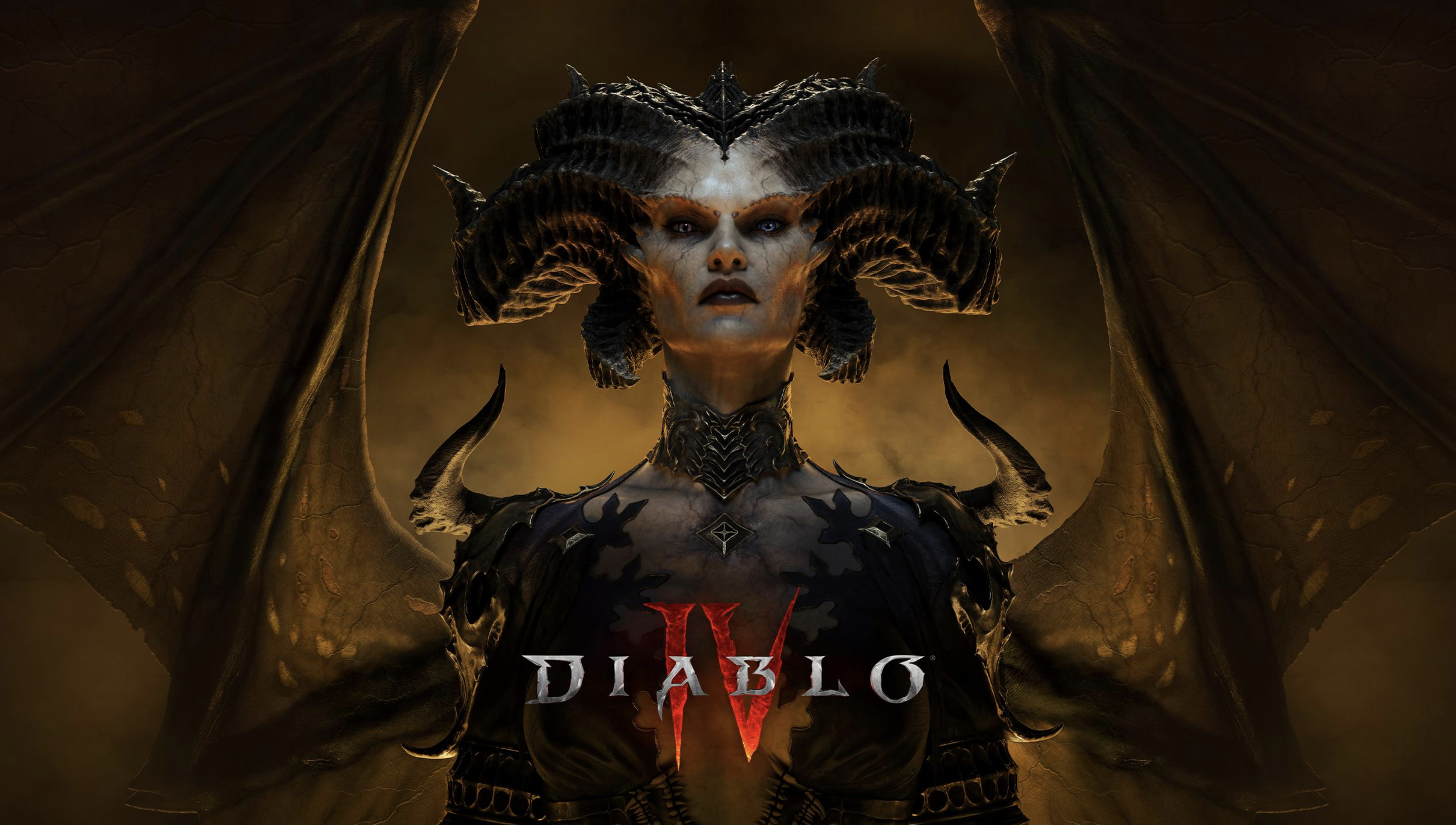 A demon-like character with large horns, wings, and dark armor, featuring a female human face with white skin, blue eyes, and dark makeup, for the game Diablo IV.