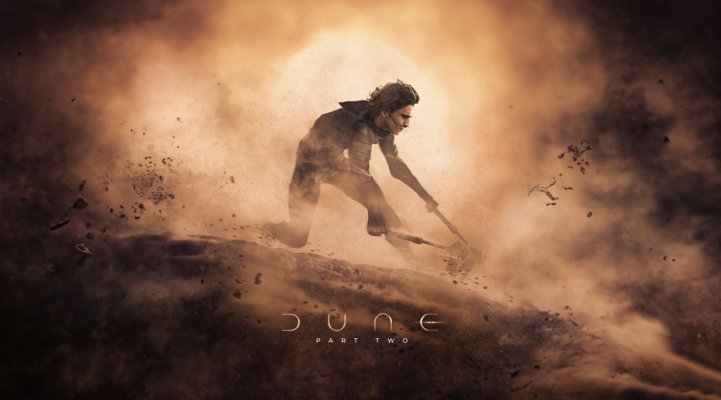 A person in a dark jacket kneeling on the ground amid dust and debris, backlit by a glowing, fiery background, holding a shovel-like tool, with the text 'DUNE PART TWO' at the bottom.