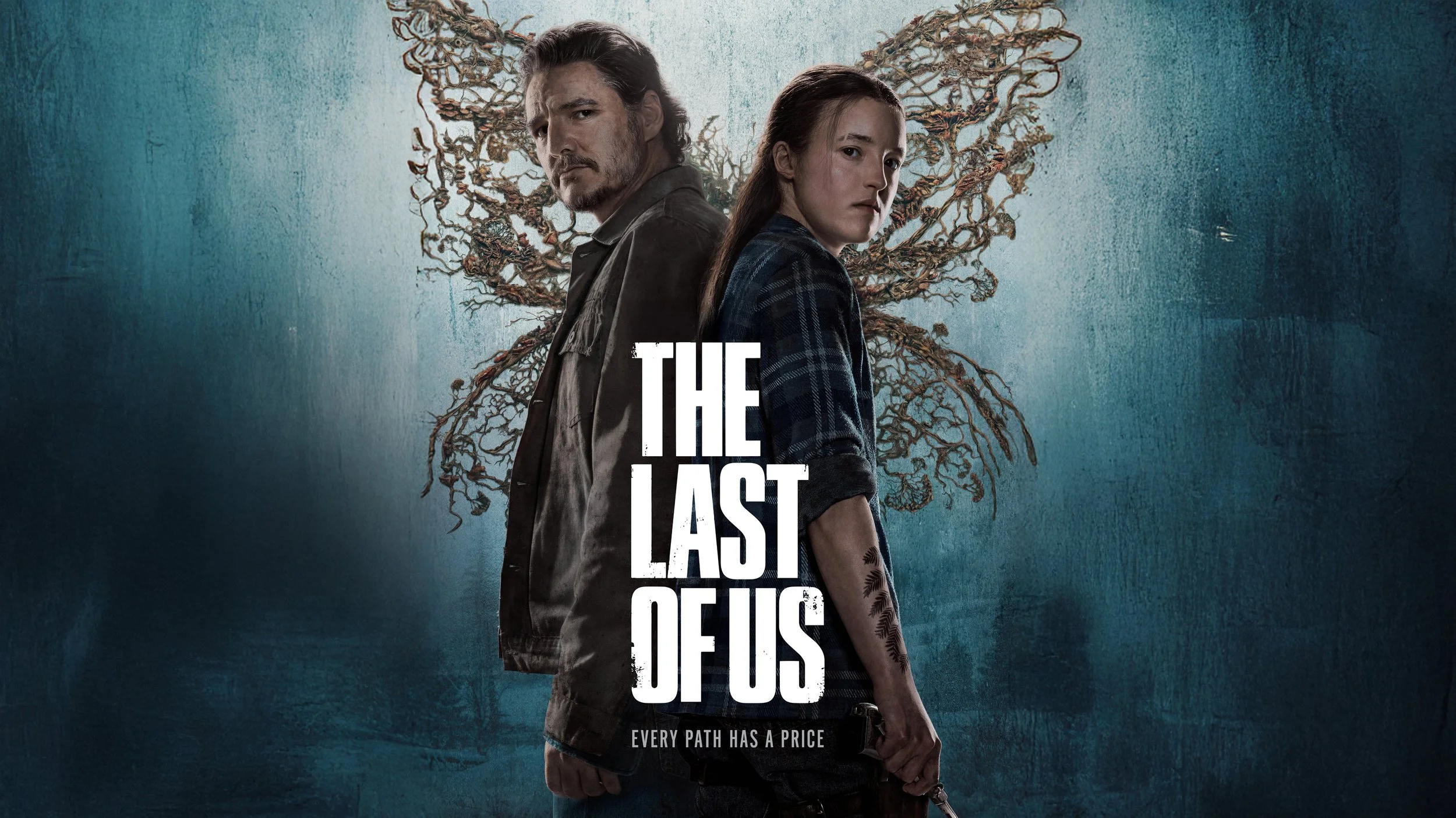 Poster for the movie 'The Last of Us' showing two characters, a man and a woman, standing back to back with a large, twisted, tree-like shape behind them. The title 'The Last of Us' is displayed in bold white letters in the center, with the tagline '