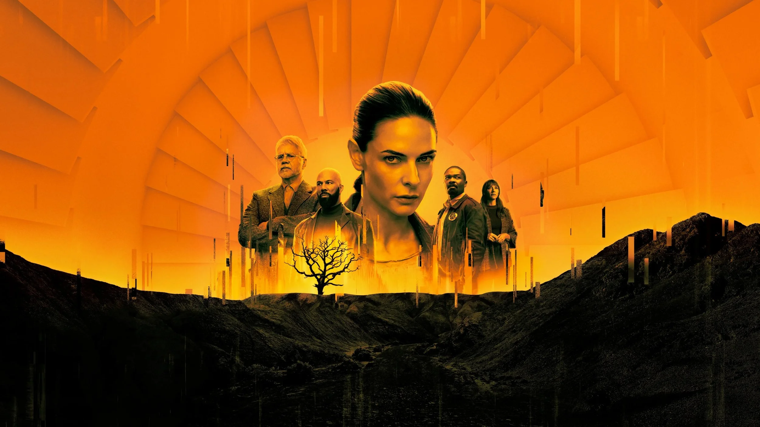 A digital illustration of five diverse characters, with a prominent woman in the center, set against a glowing orange background featuring a leafless tree, mountains, and a stylized sunset or sunrise.