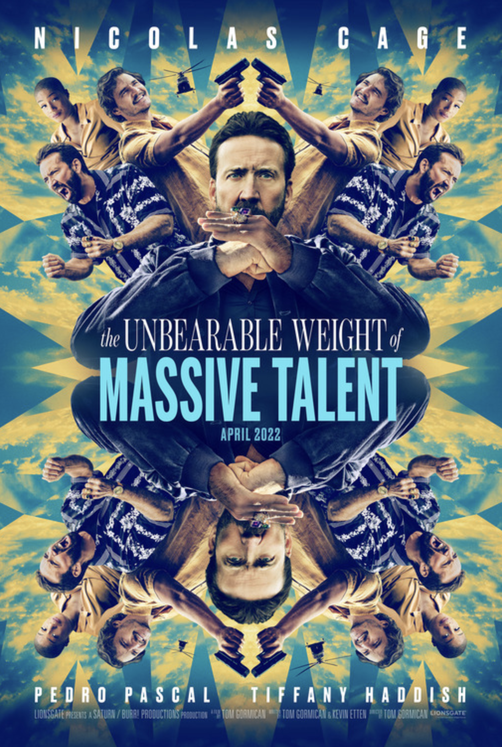 Promotional poster for the movie 'The Unbearable Weight of Massive Talent' featuring Nicolas Cage surrounded by multiple images of people in various poses, with a sky background and the title text displayed prominently in the center.