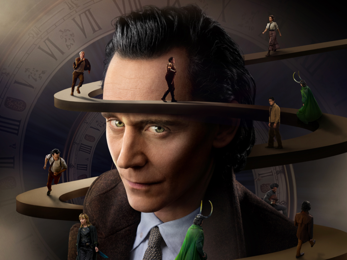 A large central face of a man with a slight smile, surrounded by smaller figures of people walking on a spiral path, over a background of clock face, suggesting a theme of time and memory.