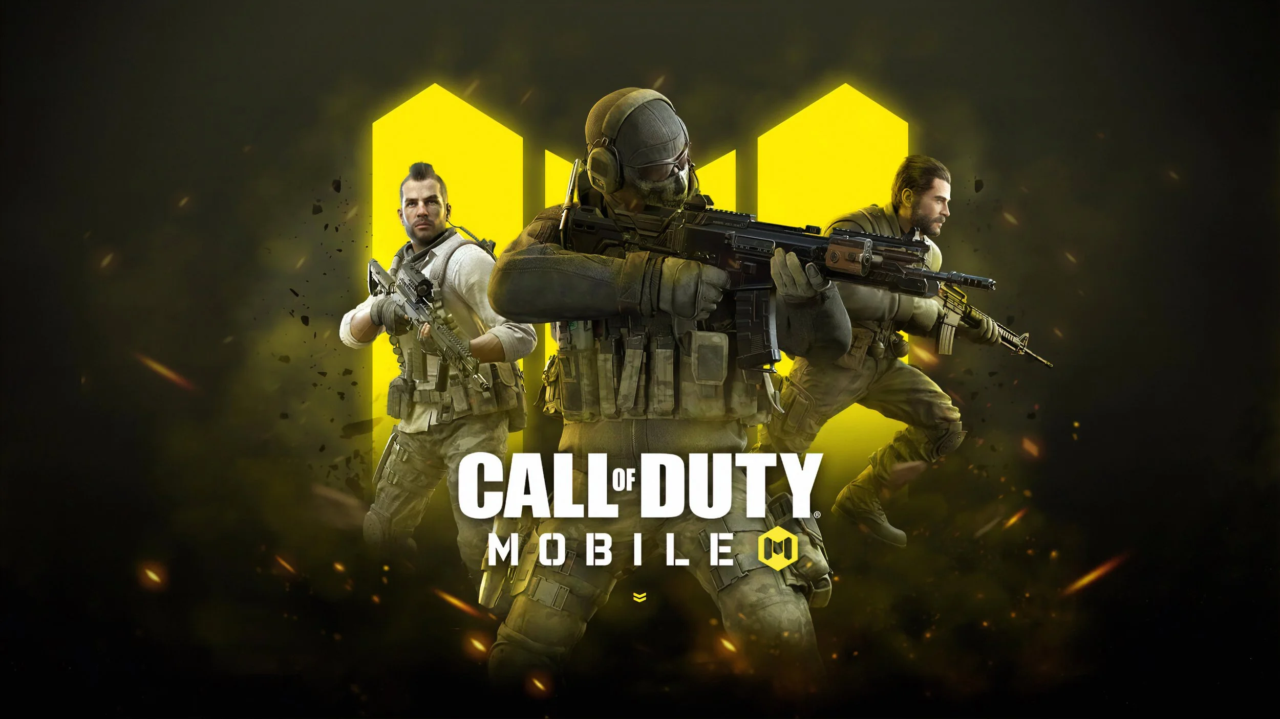 Three soldiers in tactical gear aiming rifles, with a yellow stylized "W" logo behind them, and the text "Call of Duty Mobile" at the bottom.