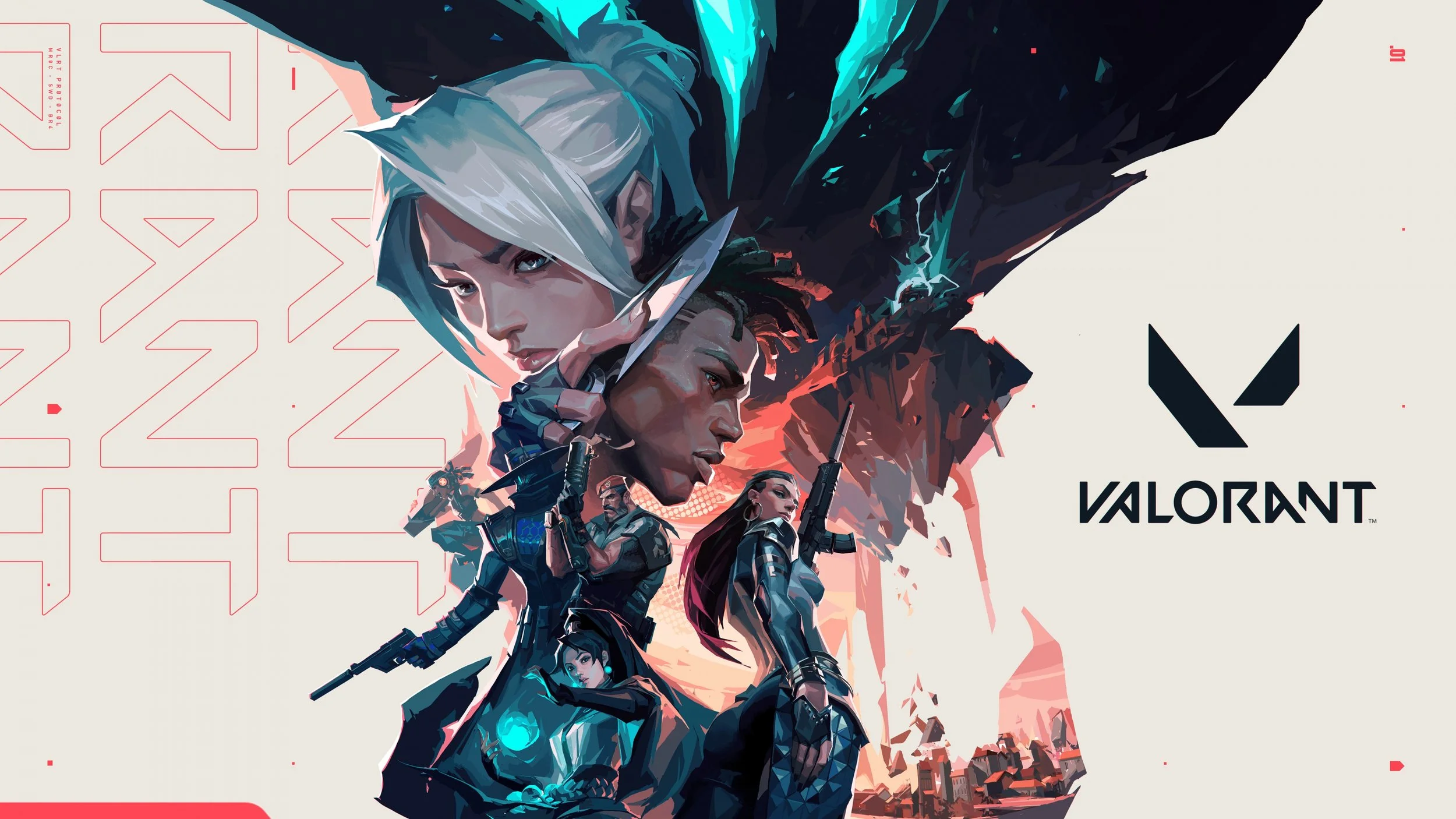 A promotional artwork for the video game Valorant featuring stylized characters with weapons, including a woman with white hair and a man with dark hair, set against a background with the Valorant logo and a cityscape.