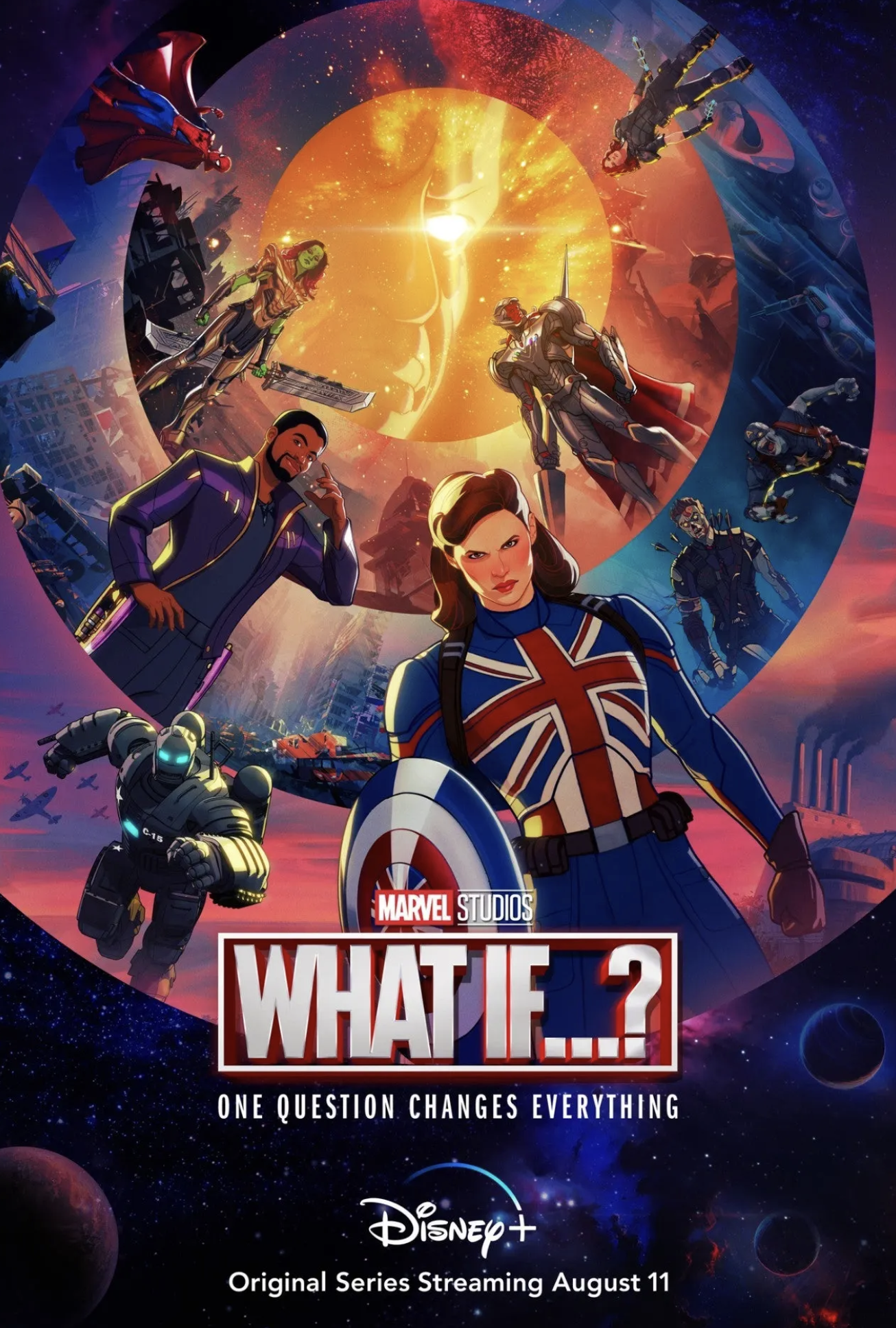 A promotional poster for Marvel Studios' series 'What If...?' featuring animated superheroes like Captain Carter, Iron Man, Rocket, and others, set against a cosmic space background with planets and stars, with the Disney+ logo and release date.