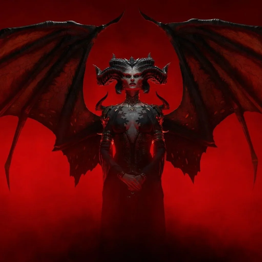 A dark, demon-like character with large red and black wings, horns, and a crown, standing against a red background with a halo effect behind.