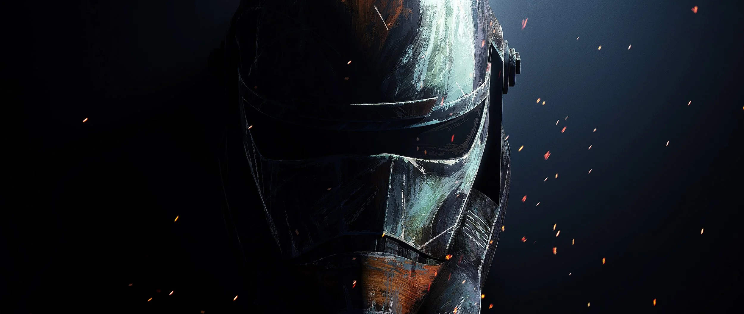 A dark, stylized illustration of a person wearing a helmet, with sparks flying around them.