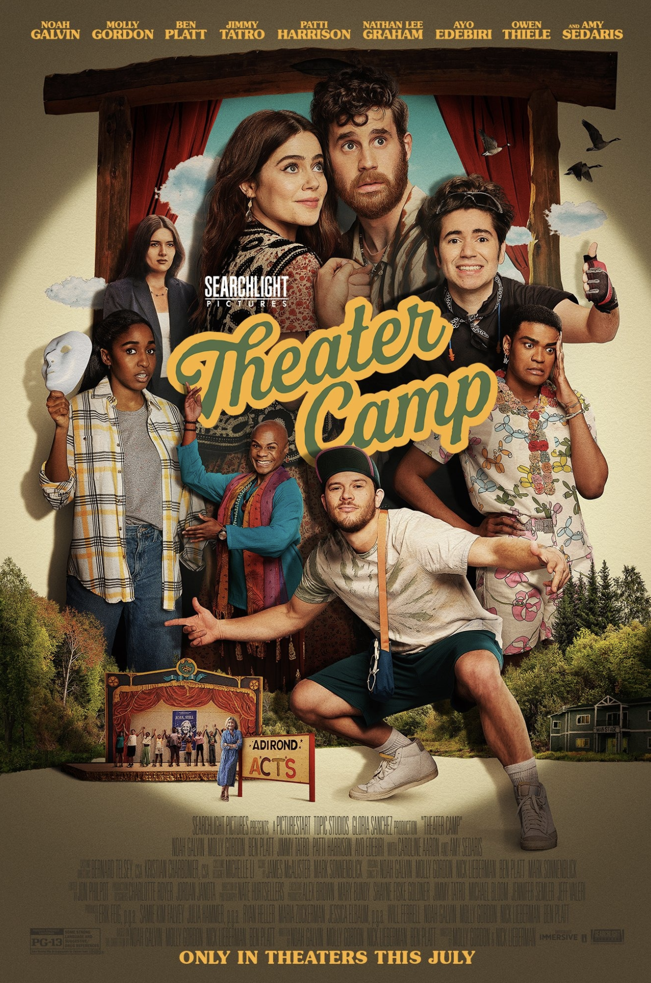Theater Camp movie poster showing diverse cast of young characters in front of a rustic theater stage with red curtains, trees, and a small building in the background. Title 'Theater Camp' in orange text, and release info at the bottom.