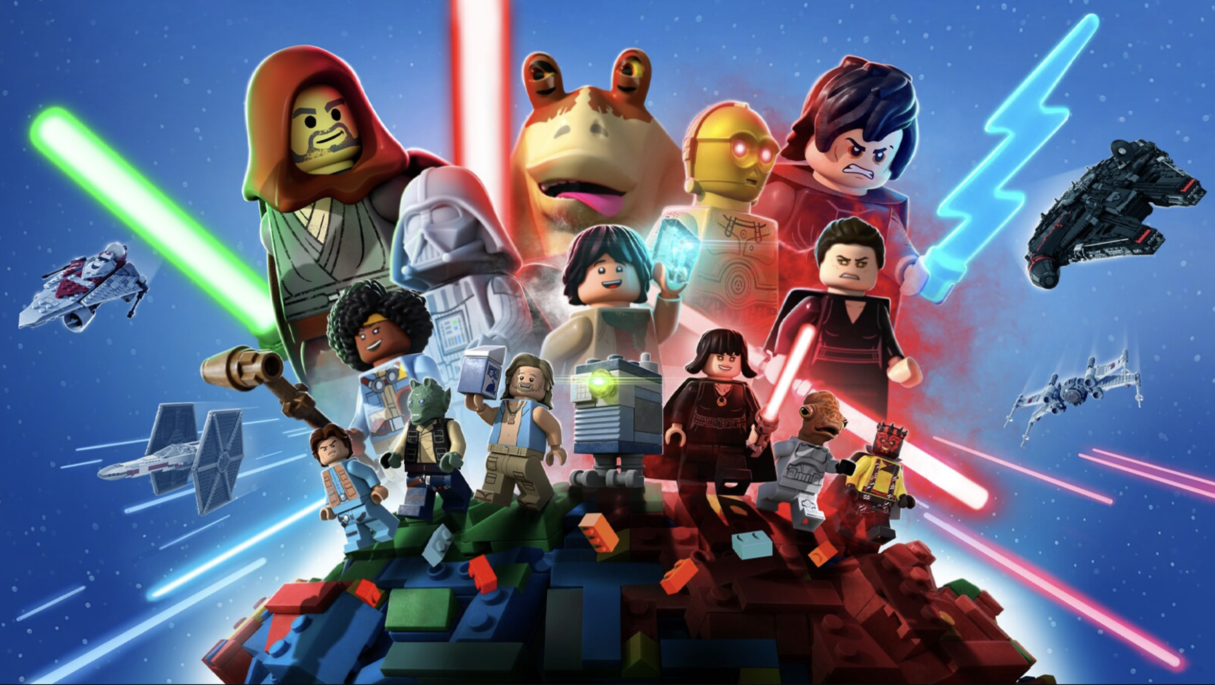 LEGO Star Wars characters with lightsabers and spacecraft on a space background.