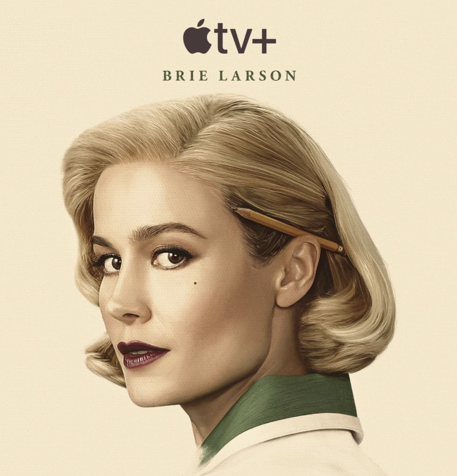 Promotional poster for 'Brie Larson,' featuring Brie Larson with blonde vintage hairstyle, red lipstick, and a green and white outfit, with Apple TV+ logo at the top.
