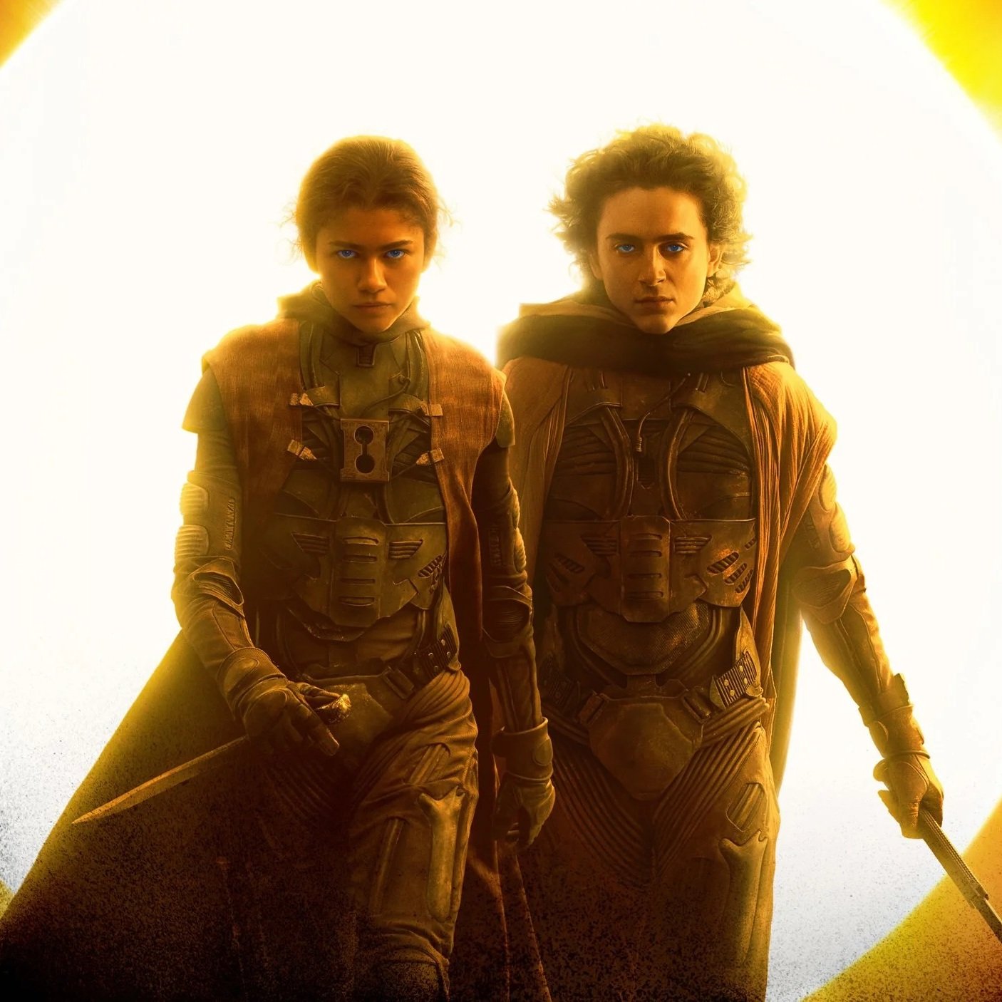 Two characters in space suits standing in front of a bright yellow background, looking serious and determined.