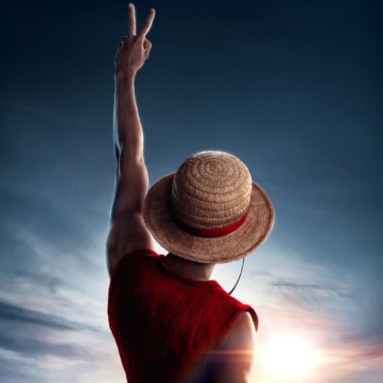 Person wearing a straw hat and red shirt raising two fingers in a peace sign against a sky background.