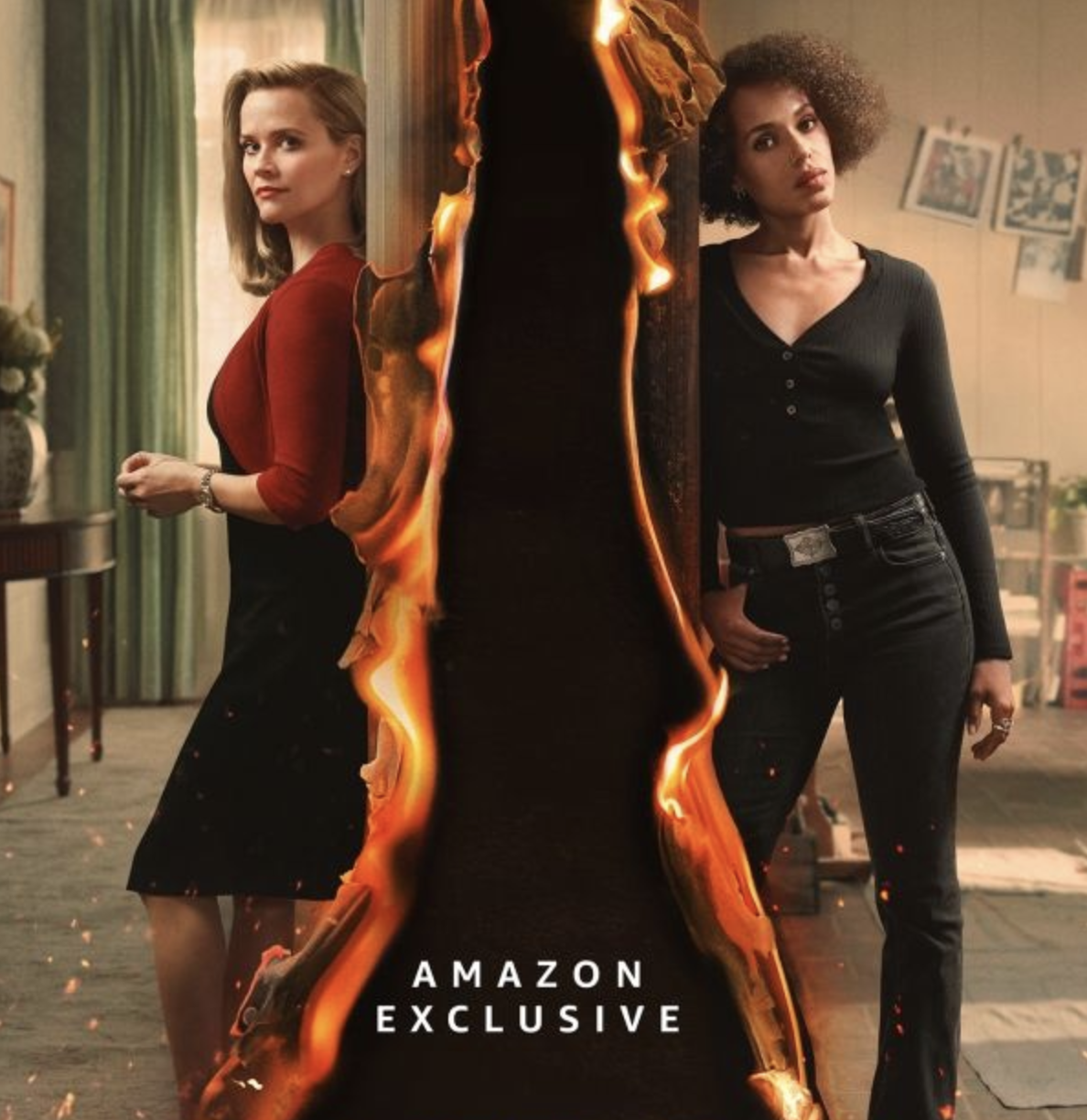 Two women standing in a room with a burning doorway in the middle and the text 'Amazon Exclusive' at the bottom.