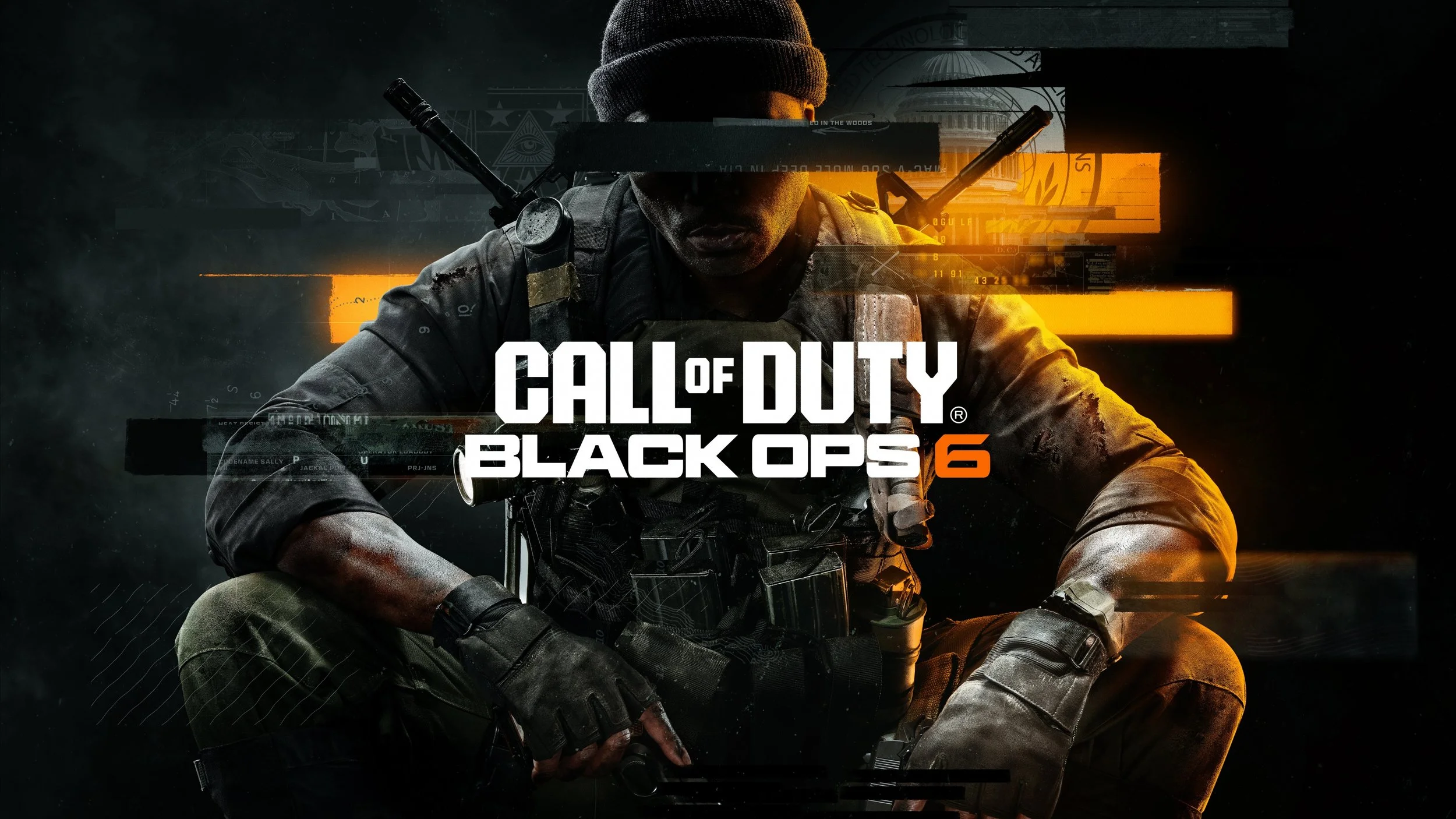 Cover art for the video game Call of Duty: Black Ops 6, featuring a soldier with tactical gear and a weapon, sitting against a dark background with orange highlights.