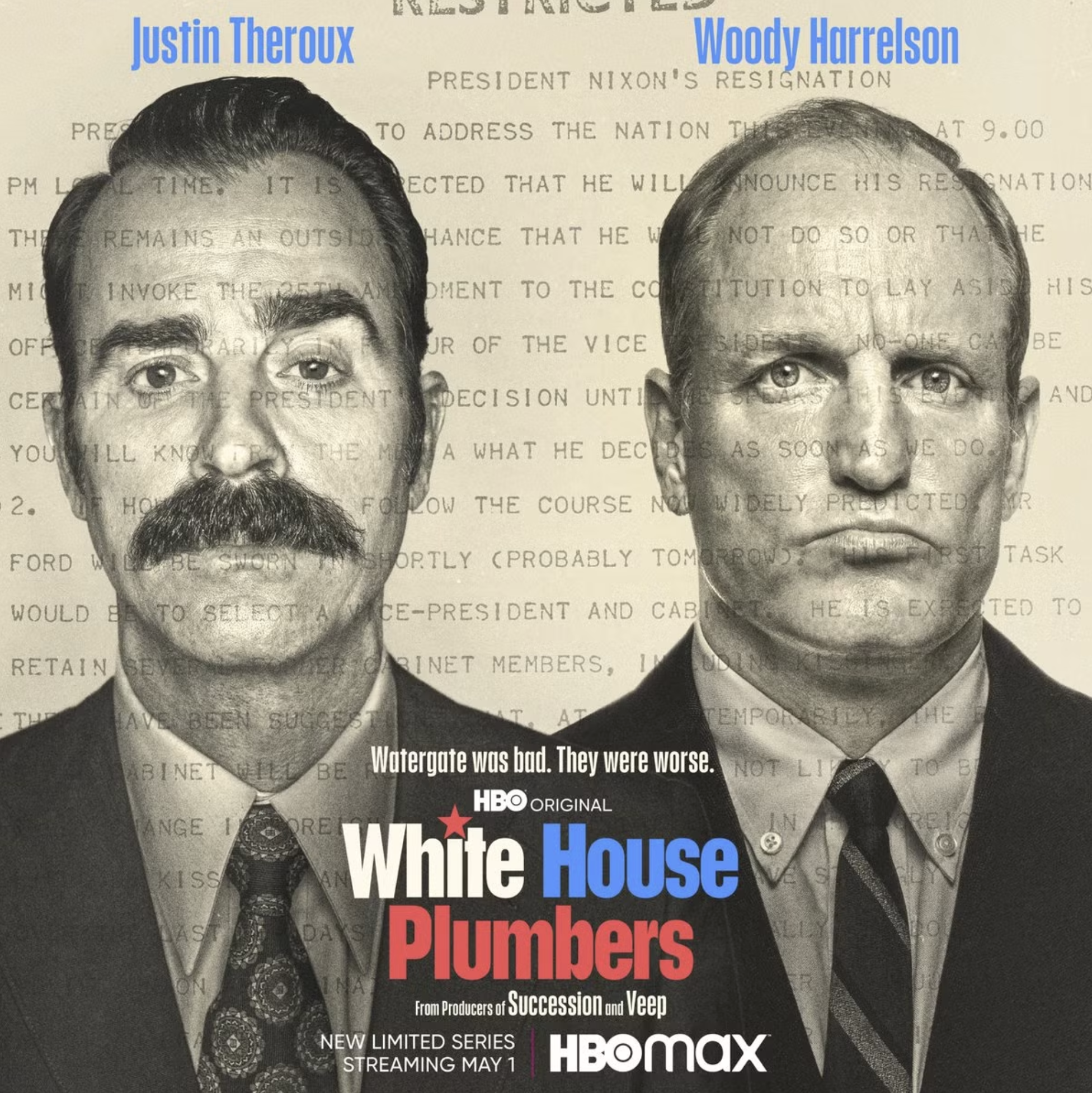 Black and white promotional poster for HBO series 'White House Plumbers' featuring portraits of two men. The man on the left has dark hair, a mustache, and is wearing a suit and tie. The man on the right has light hair, no facial hair, and is also in