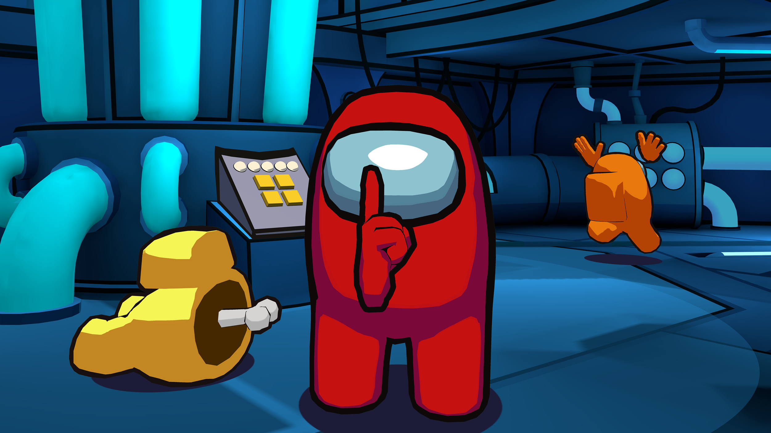 A scene from the game Among Us depicting an orange crewmate with one hand on his head and another hand raised.
