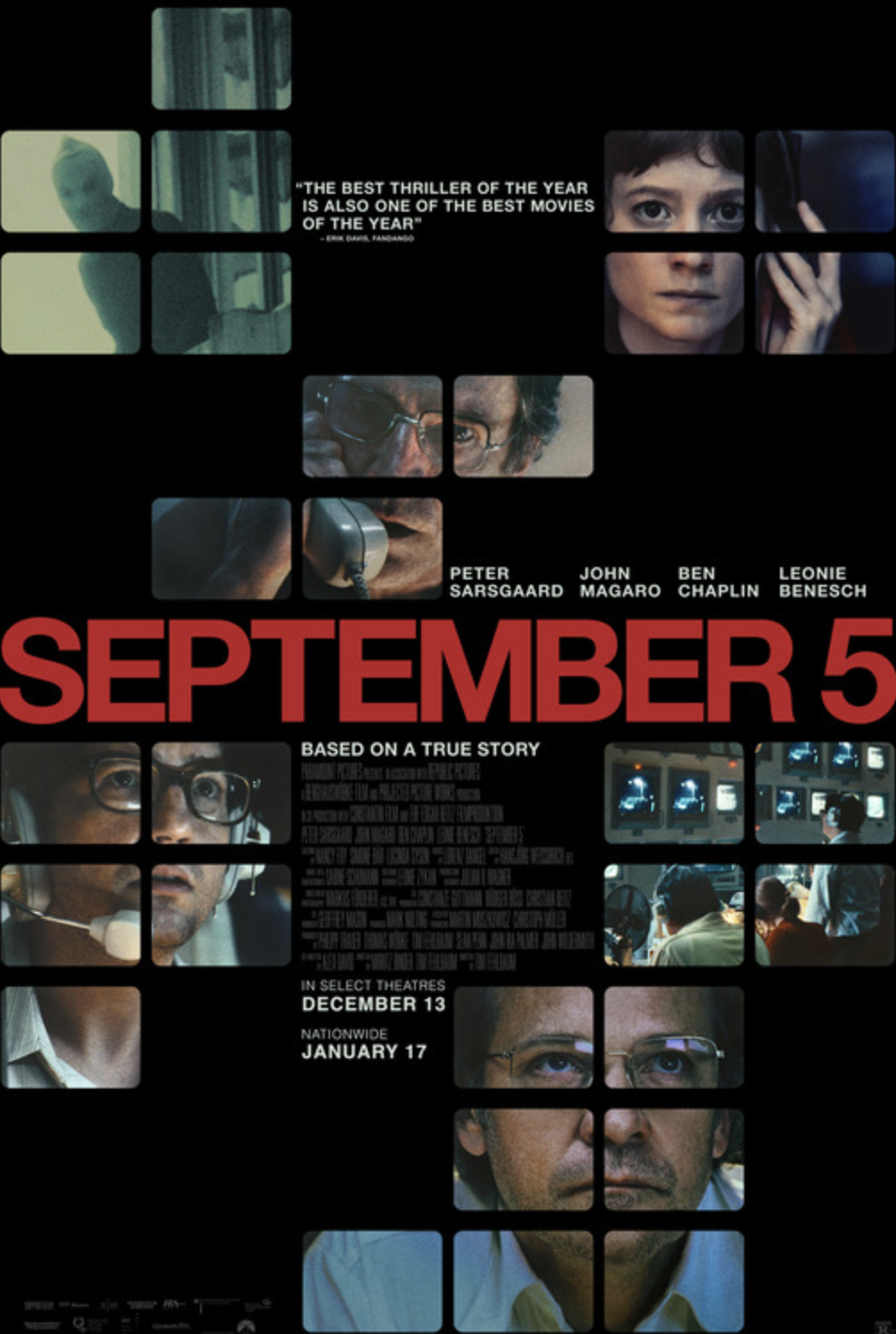 Movie poster for 'September 5' featuring various characters, including a woman with short hair and a man with glasses, along with scenes of surveillance screens and communication devices.