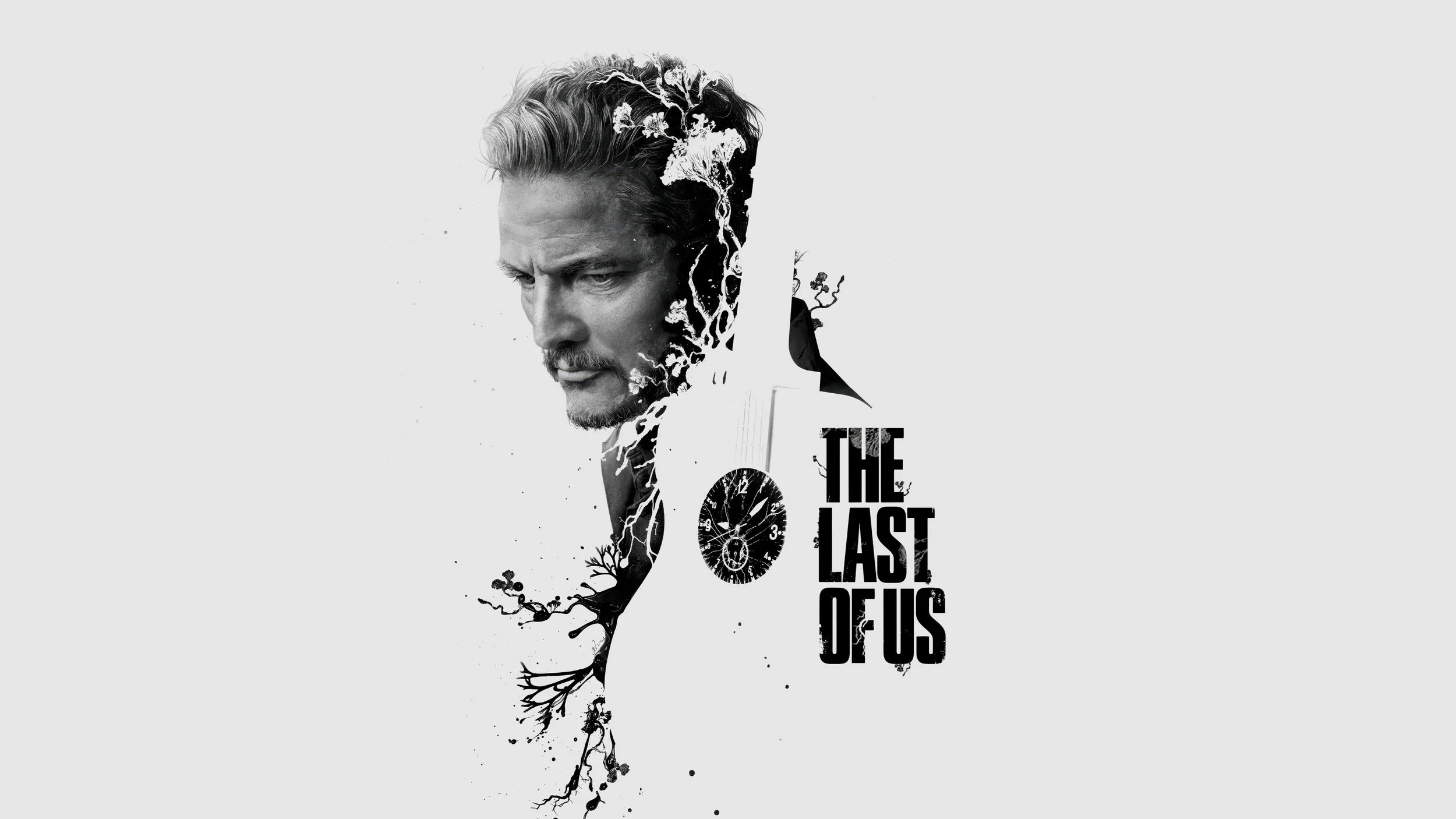 Black and white promotional artwork for "The Last of Us" showing a man's face with a combination of realistic portrait and abstract tree and clock elements, with the title "The Last of Us".