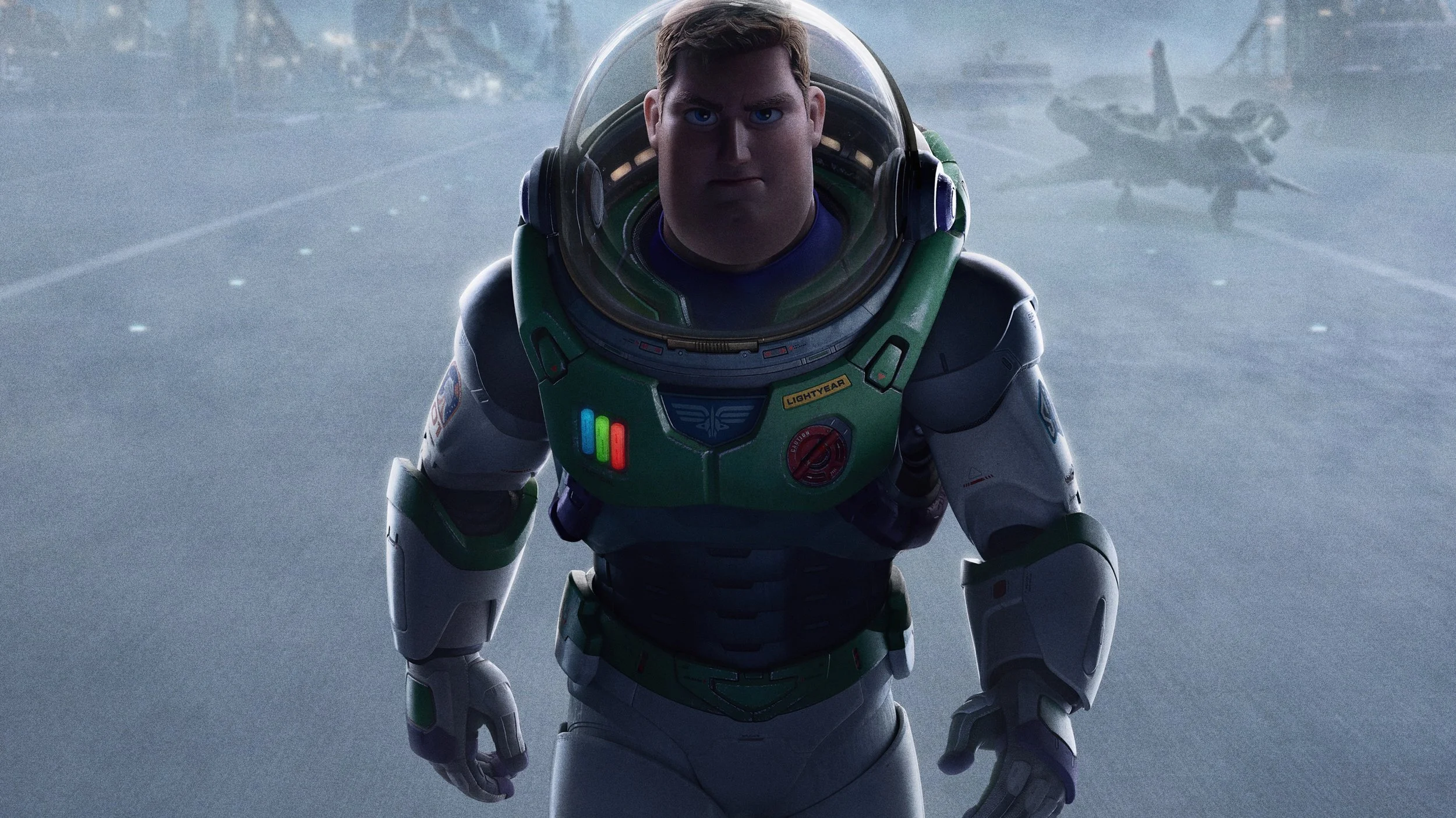 A 3D animated character dressed as an astronaut standing on a futuristic street, with a spaceship flying in the background.