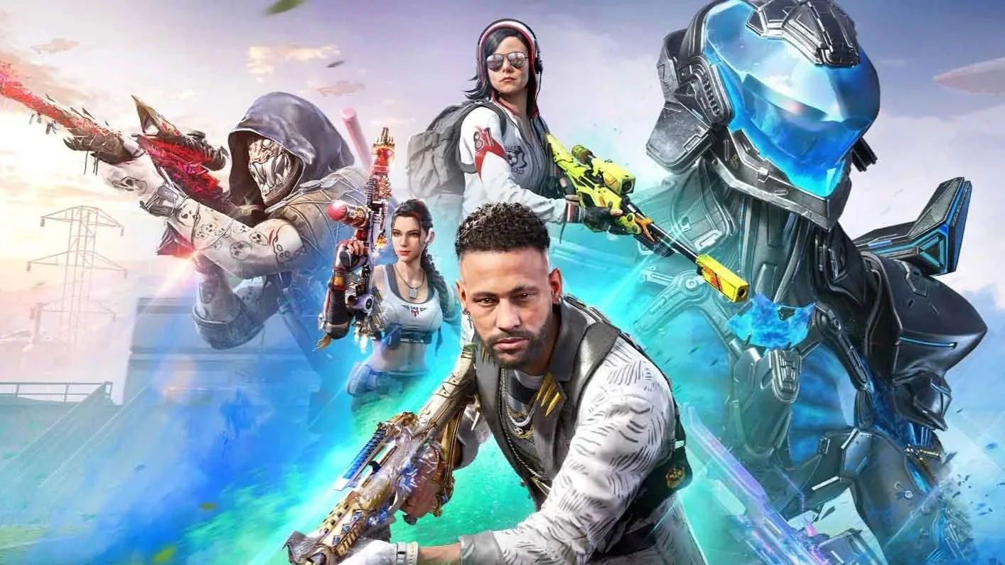 Group of diverse characters from a video game in futuristic combat gear, holding weapons, with a robotic figure in high-tech armor, against a vibrant, digitally rendered background.