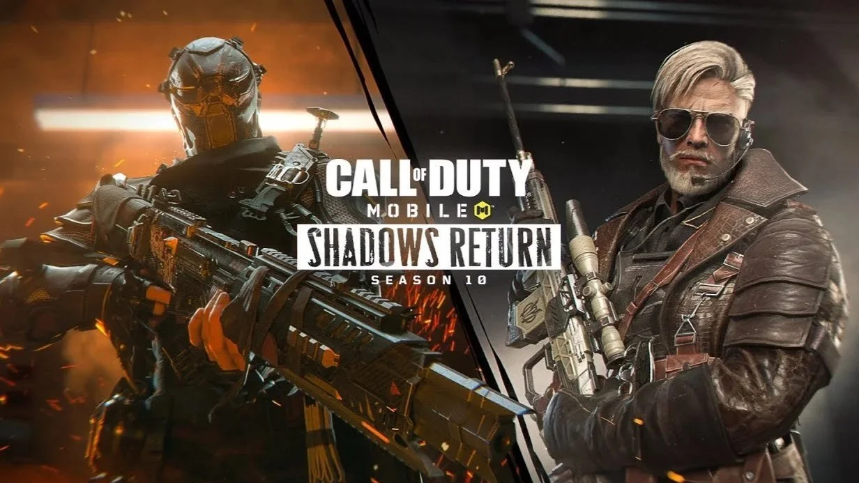 Promotional poster for Call of Duty: Mobile Shadows Return, Season 10, featuring a futuristic soldier in dark armor holding a large weapon on the left, and a rugged man with sunglasses and a rifle on the right.