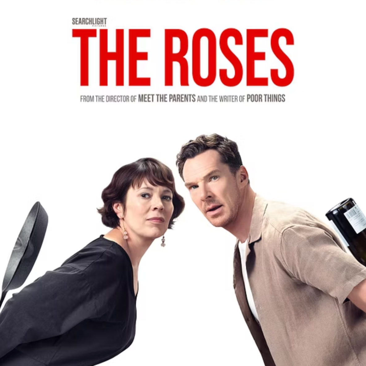 Movie poster for 'The Roses', featuring Benedic Cumberbatch and Olivia Colman leaning forward with surprised expressions. The title is in large red text, with cast names above, and the tagline 'This marriage ain't big enough for the both of them' bel