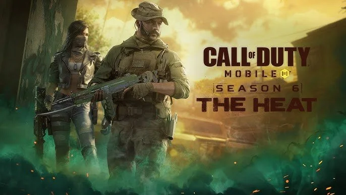 Poster for Call of Duty Mobile Season 6, titled 'The Heat,' featuring a male soldier and a female soldier walking through a smoky jungle scene during sunset.
