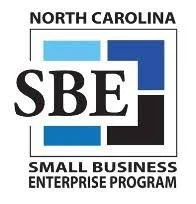 Logo of North Carolina Small Business Enterprise Program (SBE) with black, blue, and light blue geometric shapes and text.
