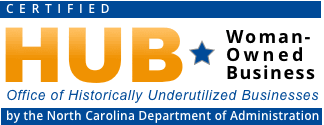 Logo with 'HUB' in large orange letters, a blue star, and text indicating a woman-owned business, operated by the North Carolina Department of Administration.