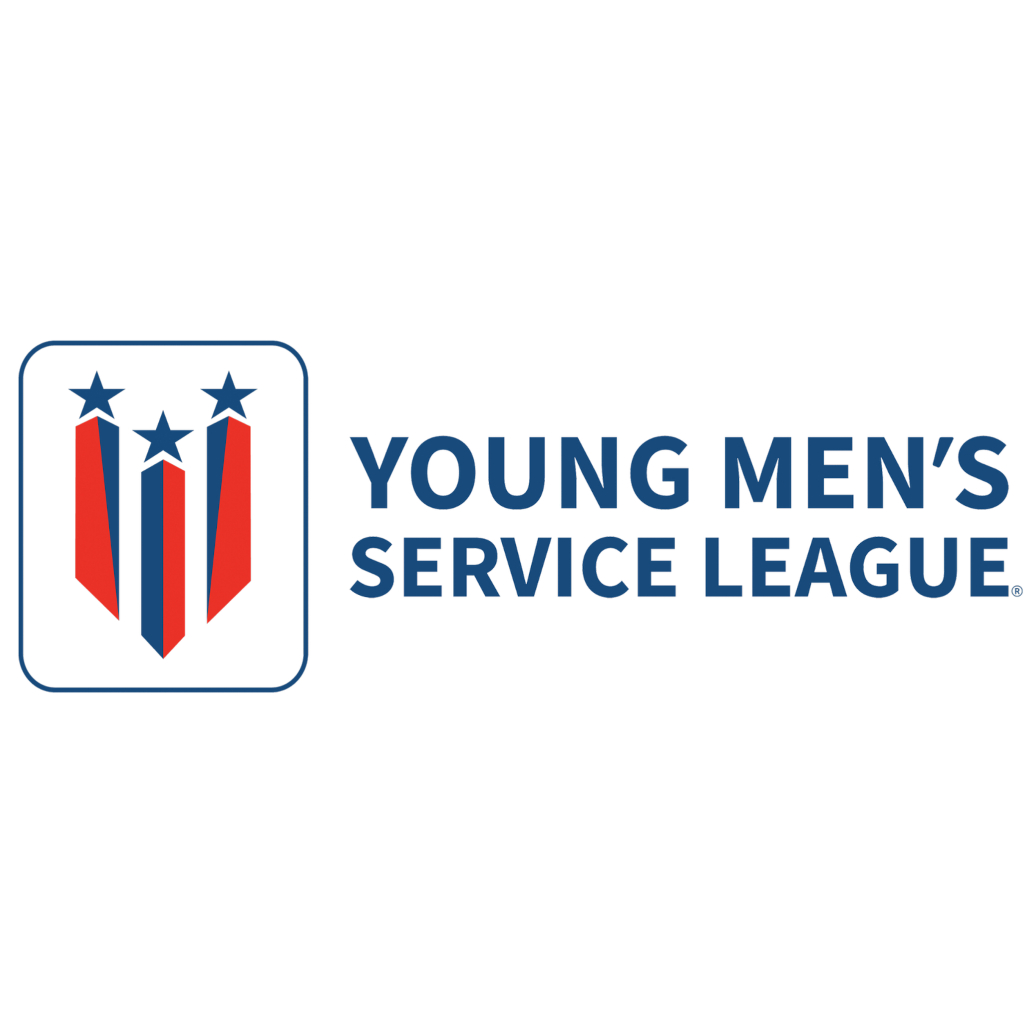 Logo of the Young Men's Service League, featuring a shield with three stars and vertical stripes, and the organization's name in blue text.