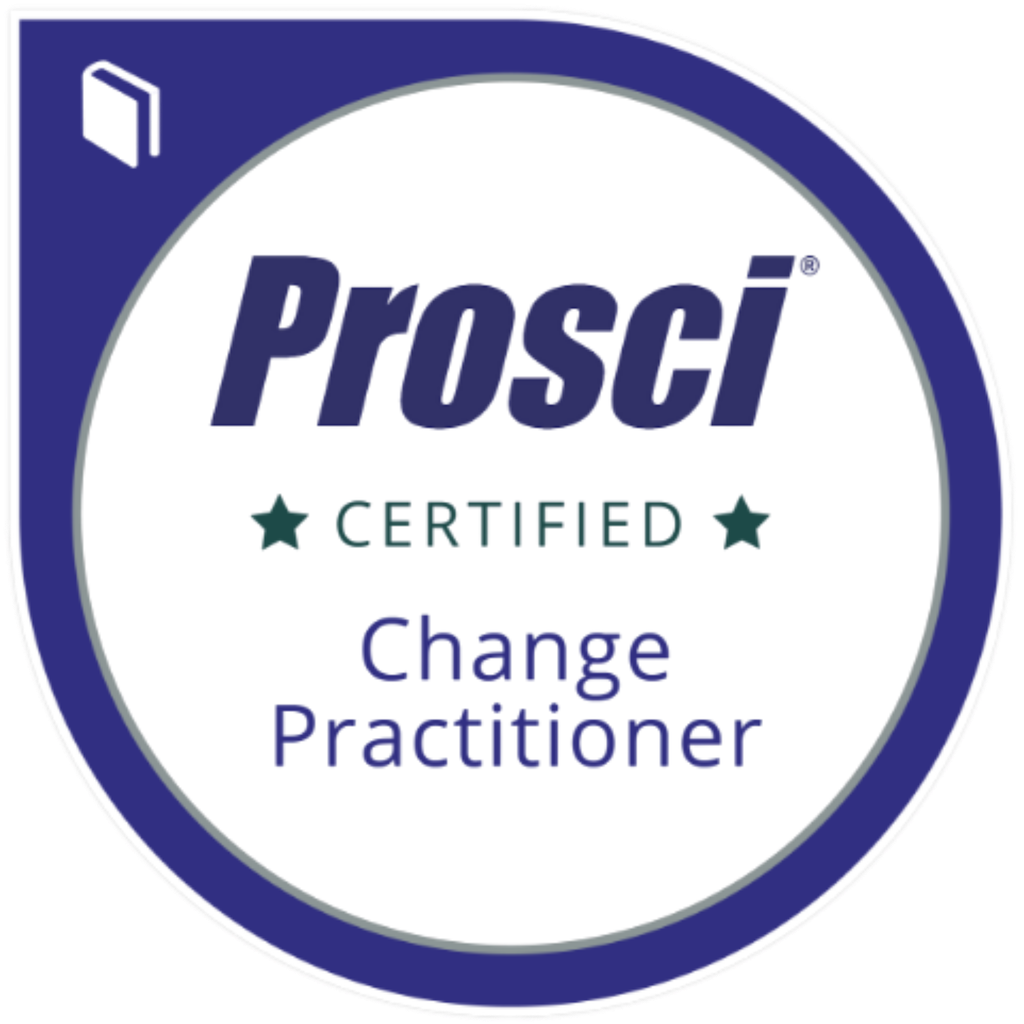 Prosi Certified Change Practitioner badge with blue and white colors and green stars.