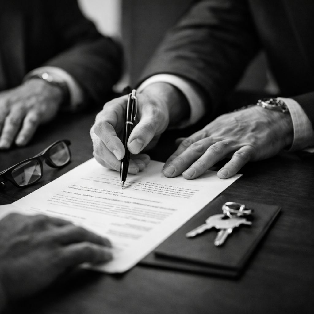 Two people shaking hands, one in a striped shirt and the other in a plain white t-shirt, against a neutral background.