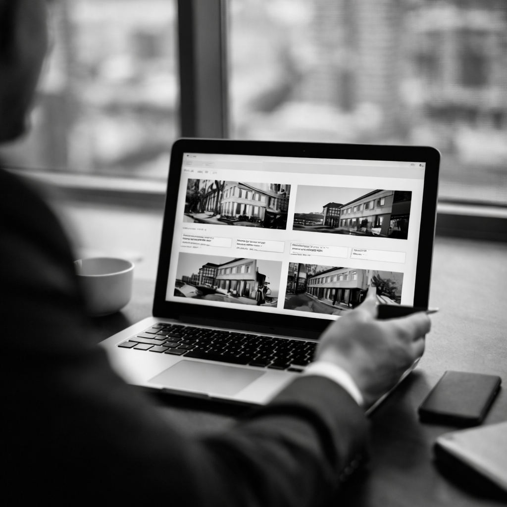 Two people sitting at a beige table, one using a laptop and the other writing in a notebook, with a glass of water, a pen, and a white vase with two calla lilies on the table.