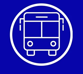 Icon of a bus within a circle on a blue background.