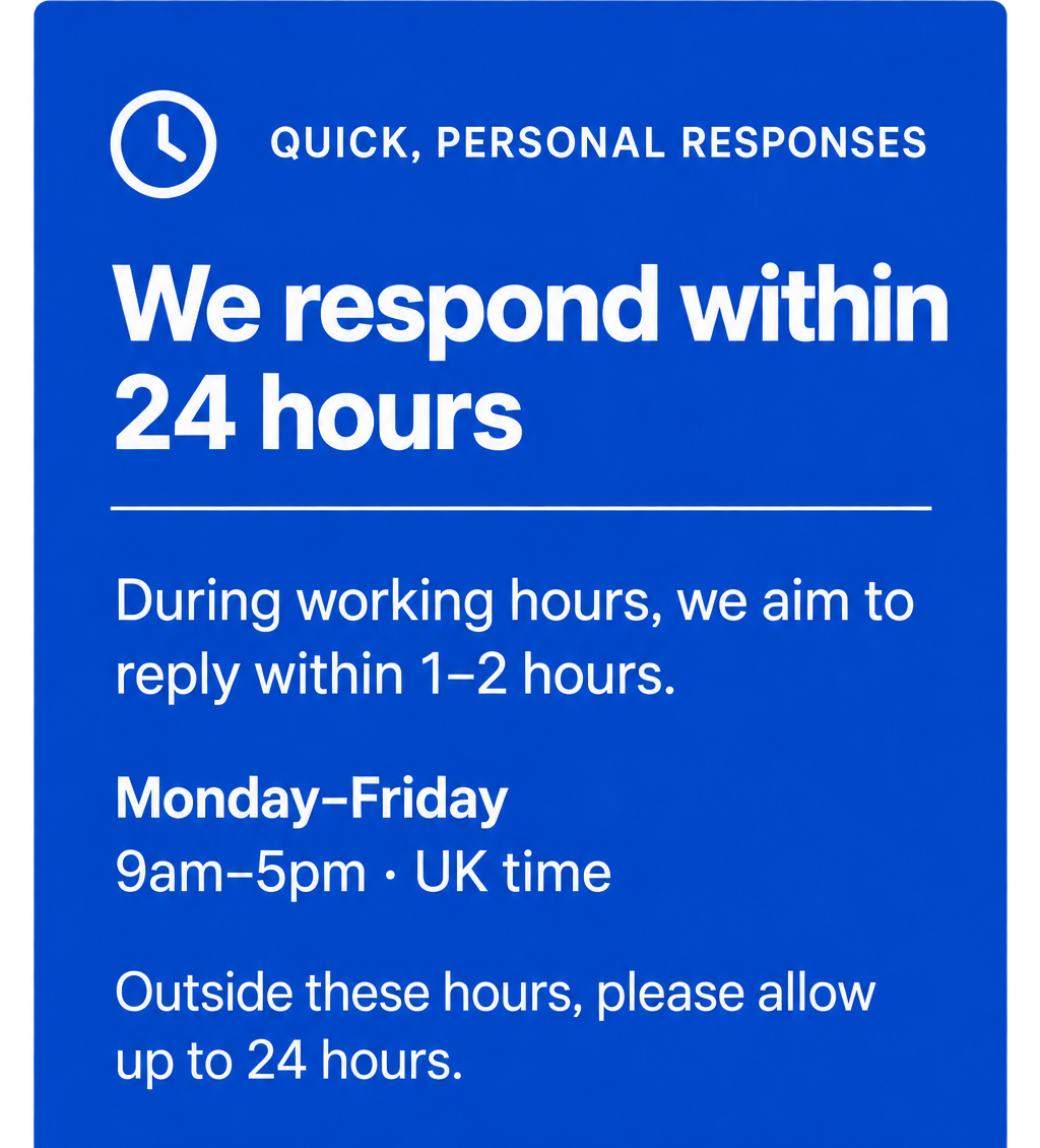 A blue sign with white text stating response hours, indicating responses within 24 hours, Monday through Friday from 9am to 5pm UK time, and requesting up to 24 hours response outside these hours.