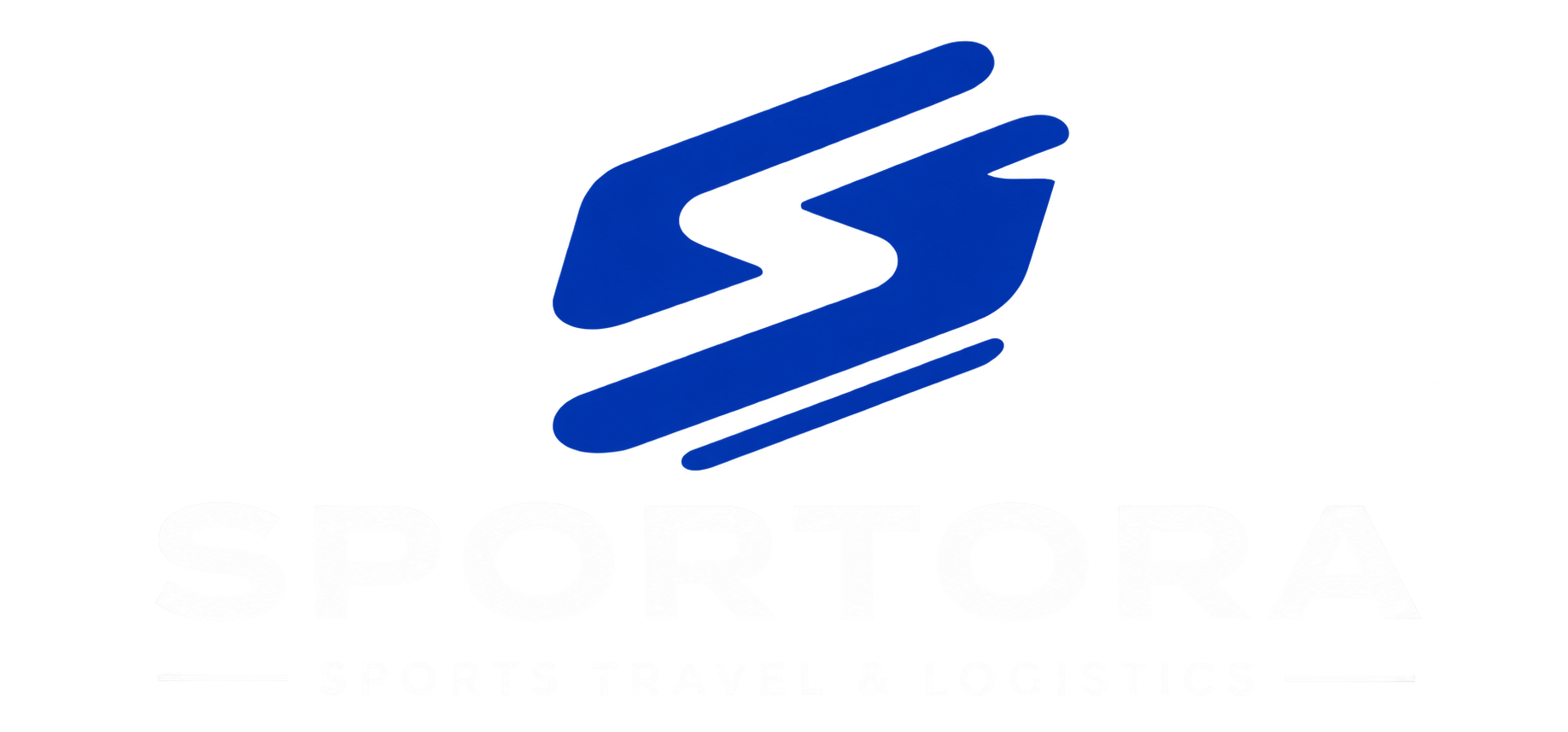 Logos of sports travel and logistics company, featuring a blue stylized arrow and shuttle icon above the company name.