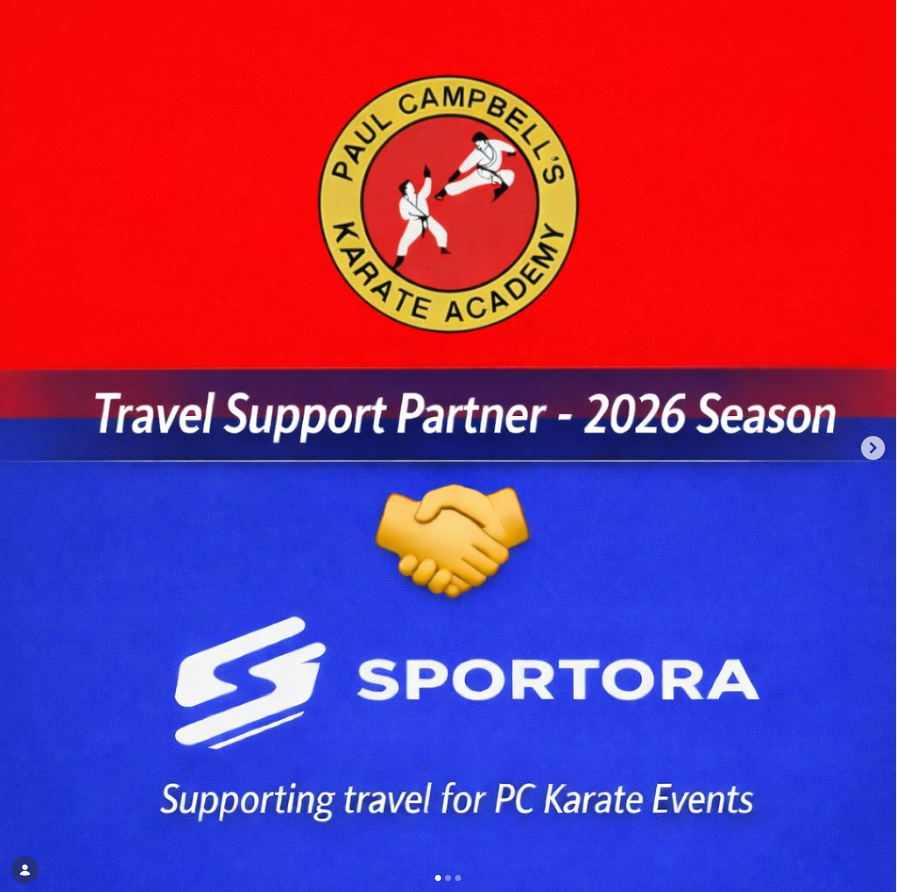 A promotional banner for the Paul Campbell's Karate Academy 2026 season, featuring the Sportora logo and the message supporting travel for PC Karate Events with a handshake emoji.