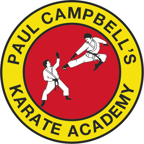 Logo of Paul Campbell's Karate Academy featuring martial artists performing a high kick and a punch inside a red circle, with yellow border containing the academy's name.