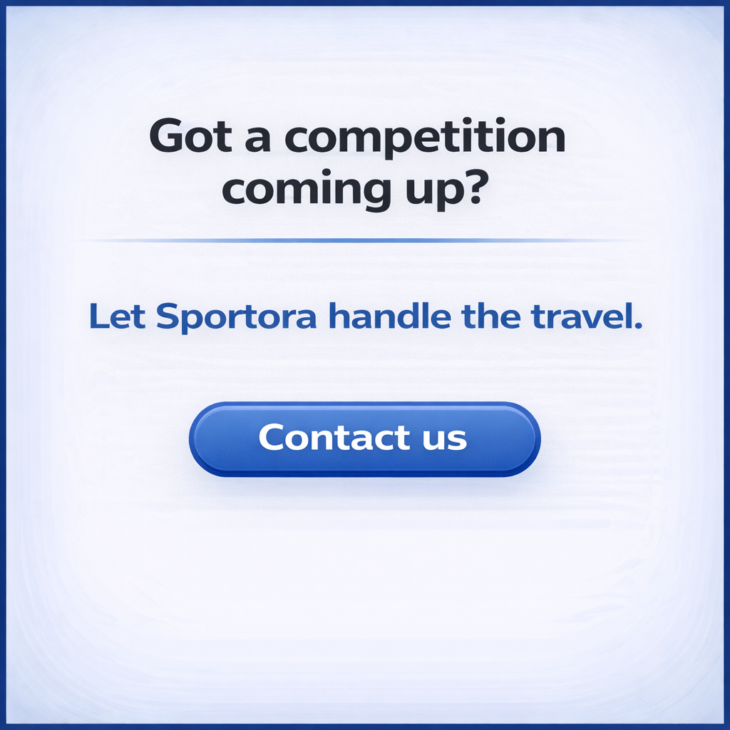 Promotional graphic with text promoting travel services, asking if there's a competition coming up and encouraging viewers to contact the company, Sportora.