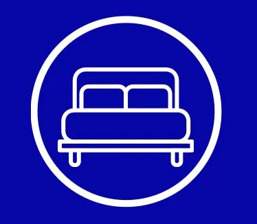 Icon of a bed inside a white circle on a blue background.