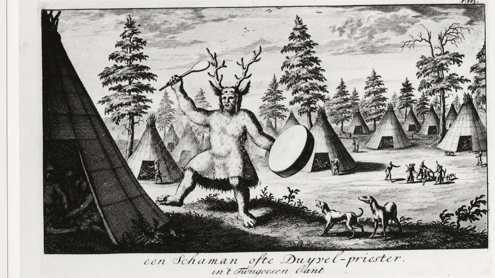 Witsen's 1705 engraving "een Schaman ofte Duyvel-priester" — a horned, clawed figure with a drum before a Tungus camp; the first European published image of a Siberian shaman.